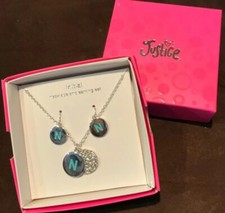 JUSTICE INITIAL A,B,C,E,F,G,H,J,K,L,M,N,R,S,T W/CRYSTAL BLING NECKLACE/ EARRINGS