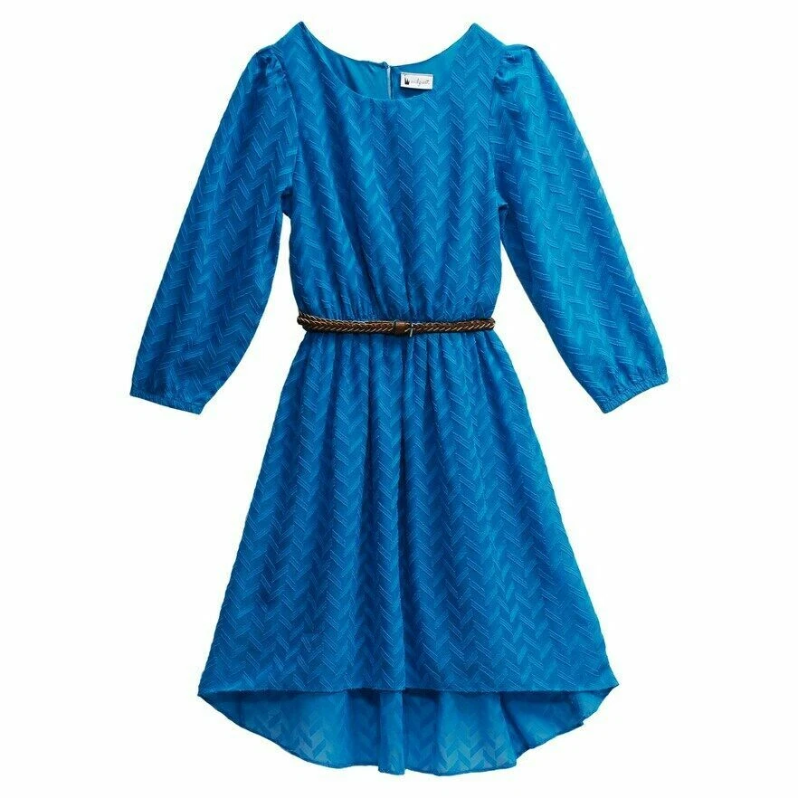 Emily West Girls Teal Dress With Brown Rope Belt Buckle Quarter Sleeves Size 16