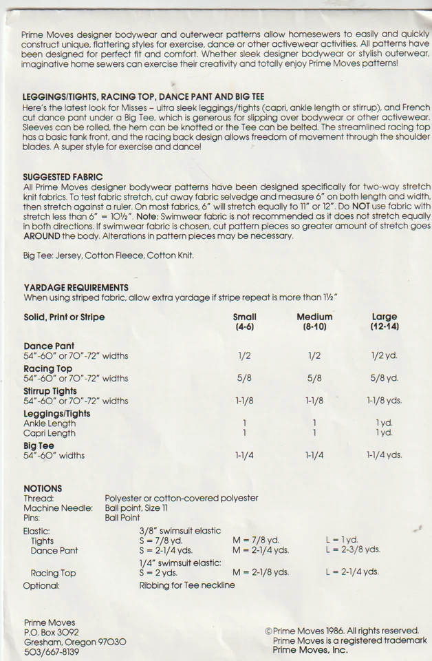 Prime Moves Pattern 1010; Leggings, Racing Top, Pants, Big Tee; Size S-M-L, FF - Image 2 of 2