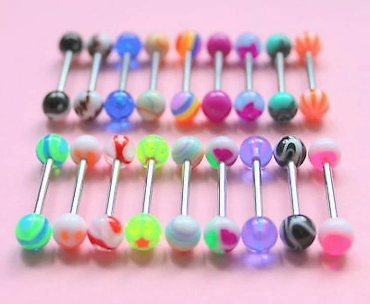 10 x ASSORTED TONGUE BARS SURGICAL STEEL WITH ACRYLIC BALL 16MM BAR 6MM BALLS - Image 1 of 1