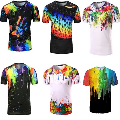 hOT Mens Paint Splatter 3D Painting Short Sleeve Casual T ...