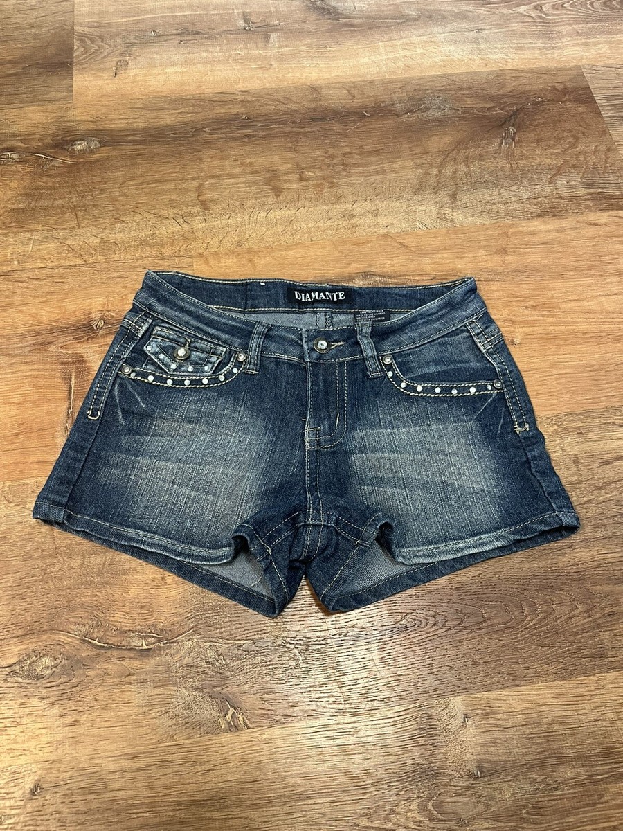 Diamante blue denim jean shorts bejeweled blingy size 3 | eBay