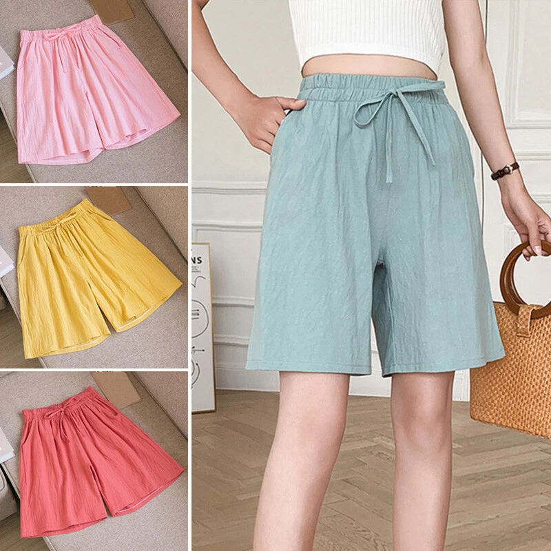 Womens Wide leg Shorts Drawstring Elastic Waist Loose Cotton Linen Shorts Pants - Image 2 of 4