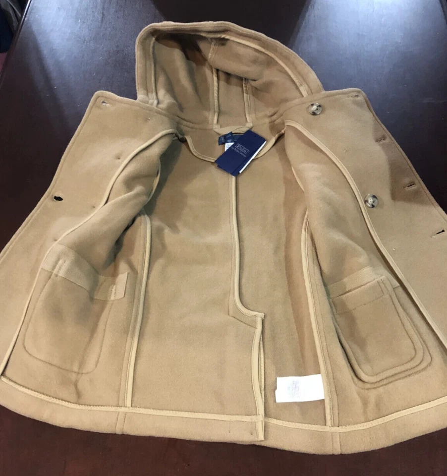 $575 Polo Ralph Lauren Camel Unisex SZ 7 Wool Hooded Melton Duffle Coat - Image 3 of 4