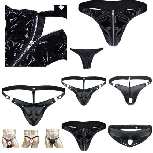 Men's Wet Look Leather Jockstrap Zipper Pouch Briefs G-String Thongs Underwear  - Picture 1 of 27