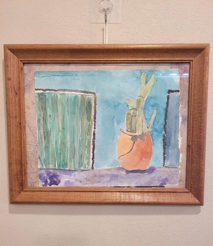 Framed Watercolor 2018, Still LIFE Vase And Bamboo FOLK art STYLE AZTEC VIBE - Picture 2 of 7