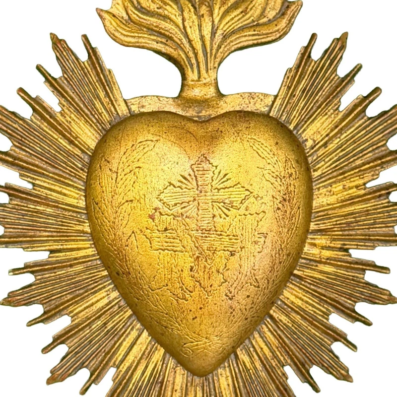 Cuore Sacro Oro Decorativo da Parete con Raggi Ex Voto Dorato Resina Arredo, fotografia 4 di 9