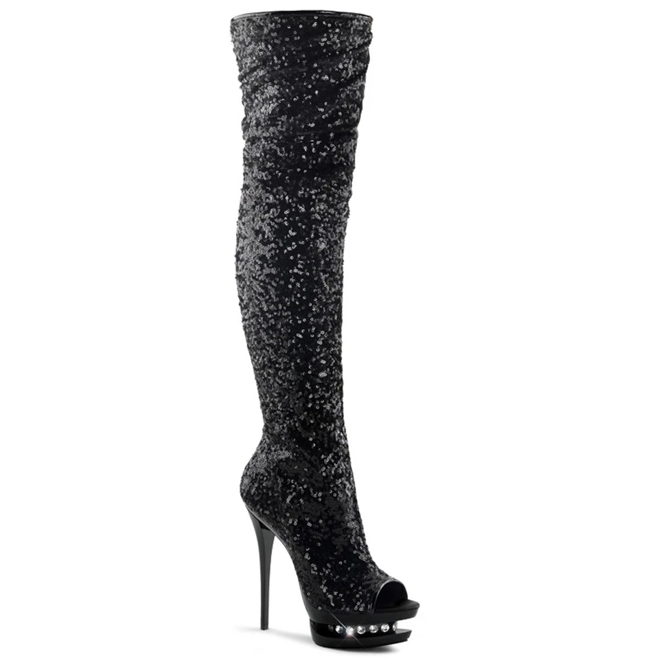 BLONDIE-3011 Pleaser High-Heels Plateauoverkneestiefel schwarz Pailletten Strass - Bild 1 von 1