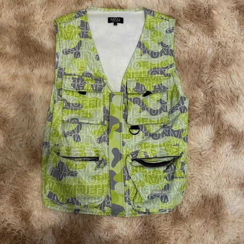 boohooMAN Mens Green Camouflage Graphic Tactical Utility Vest - product listing photo