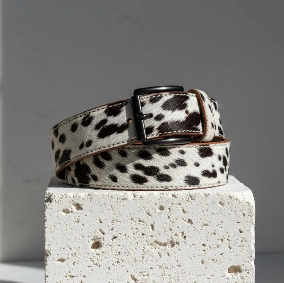 Cinturón de cuero con estampado de vaca hecho a mano con hebilla negra estilo occidental. Foto 2 de 4