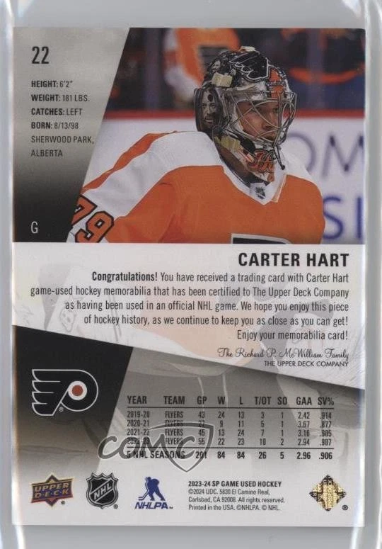 2023-24 Upper Deck SP Game Used Premium Materials Jersey /25 Carter Hart #22 - Image 2 of 2
