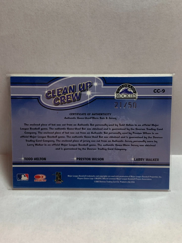 2004 Leaf Clean Up Crew Materials Todd Helton Bat P. Wilson Bat Larry Walker Jsy Foto 2 de 2