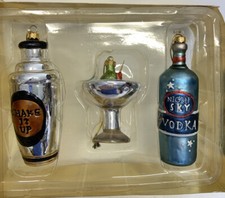 VINTAGE Set 3 Martini Drink Mixer/Shaker - Blown Glass Christmas Ornament RARE