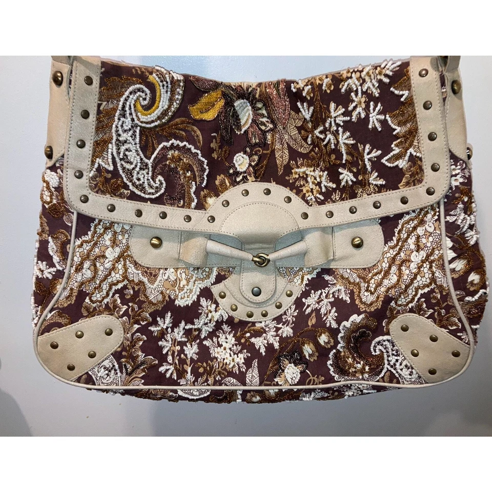 Cristiana Bolso Mensajero con Cuentas Cartera Boho Cachemira Marrón Amarillo Tostado Dorado Foto 4 de 4