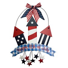 Metal Hanging Americana Patriotic Fireworks 4th of July Wall Sign Door Wreath