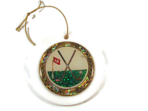 18th HOLE GOLF WHITE CERAMIC 3" ROUND HANGING ORNAMENT - Picture 1 of 2