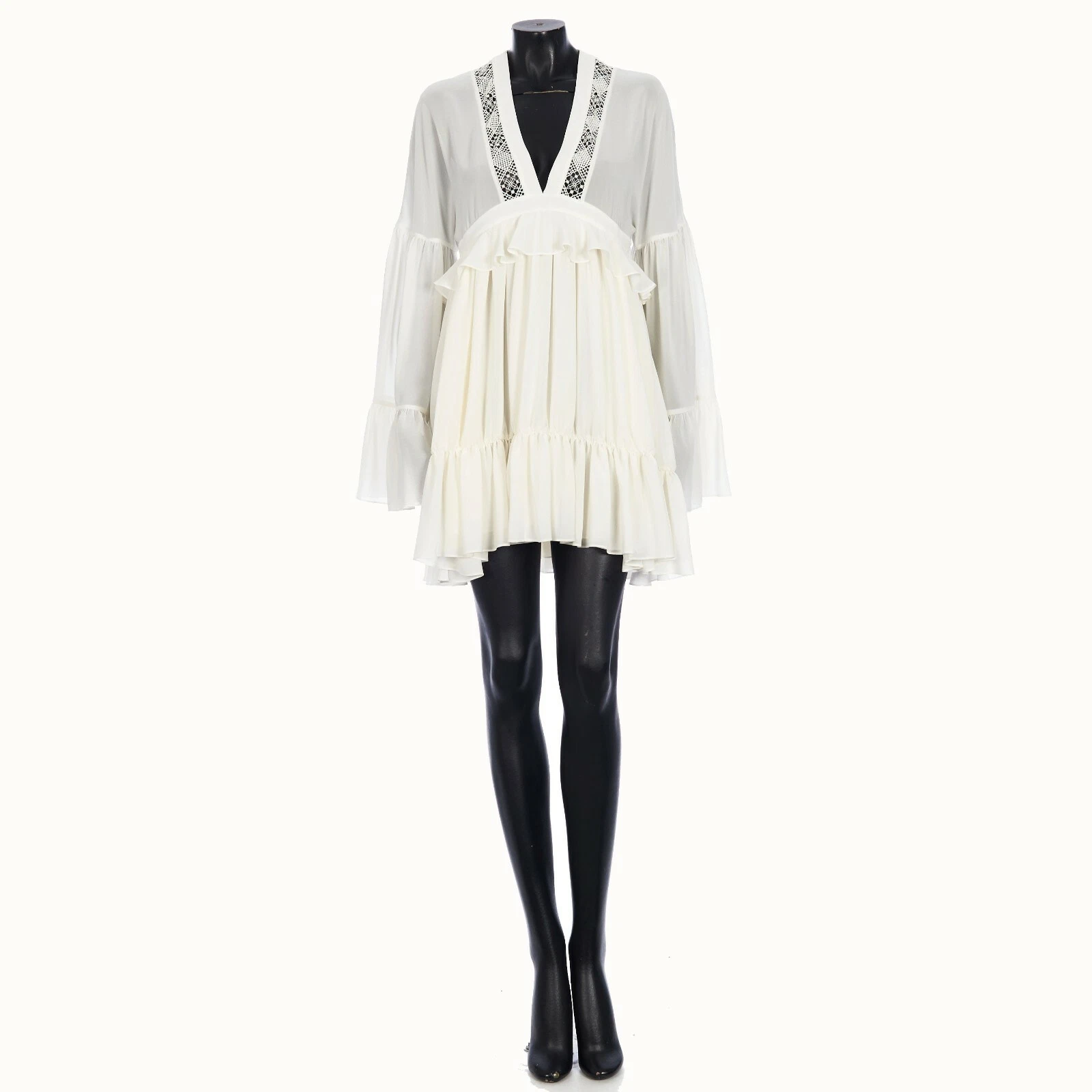 Saint Laurent — SAINT LAURENT PARIS 2790$ Embroidered Ruffle Dress - Silk Crepe Muslin
