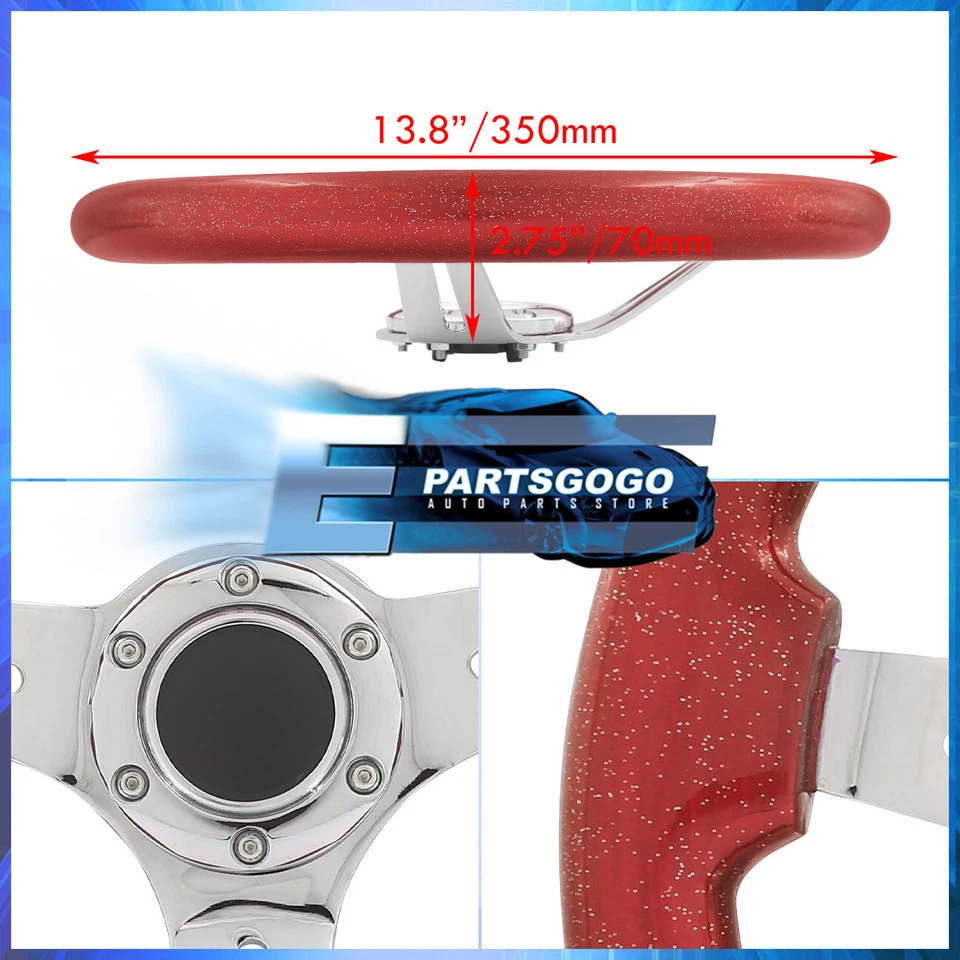 Universal JDM 350mm 14" Metallic Red Wood Chrome Steel Deep Dish Steering Wheel Foto 2 de 4
