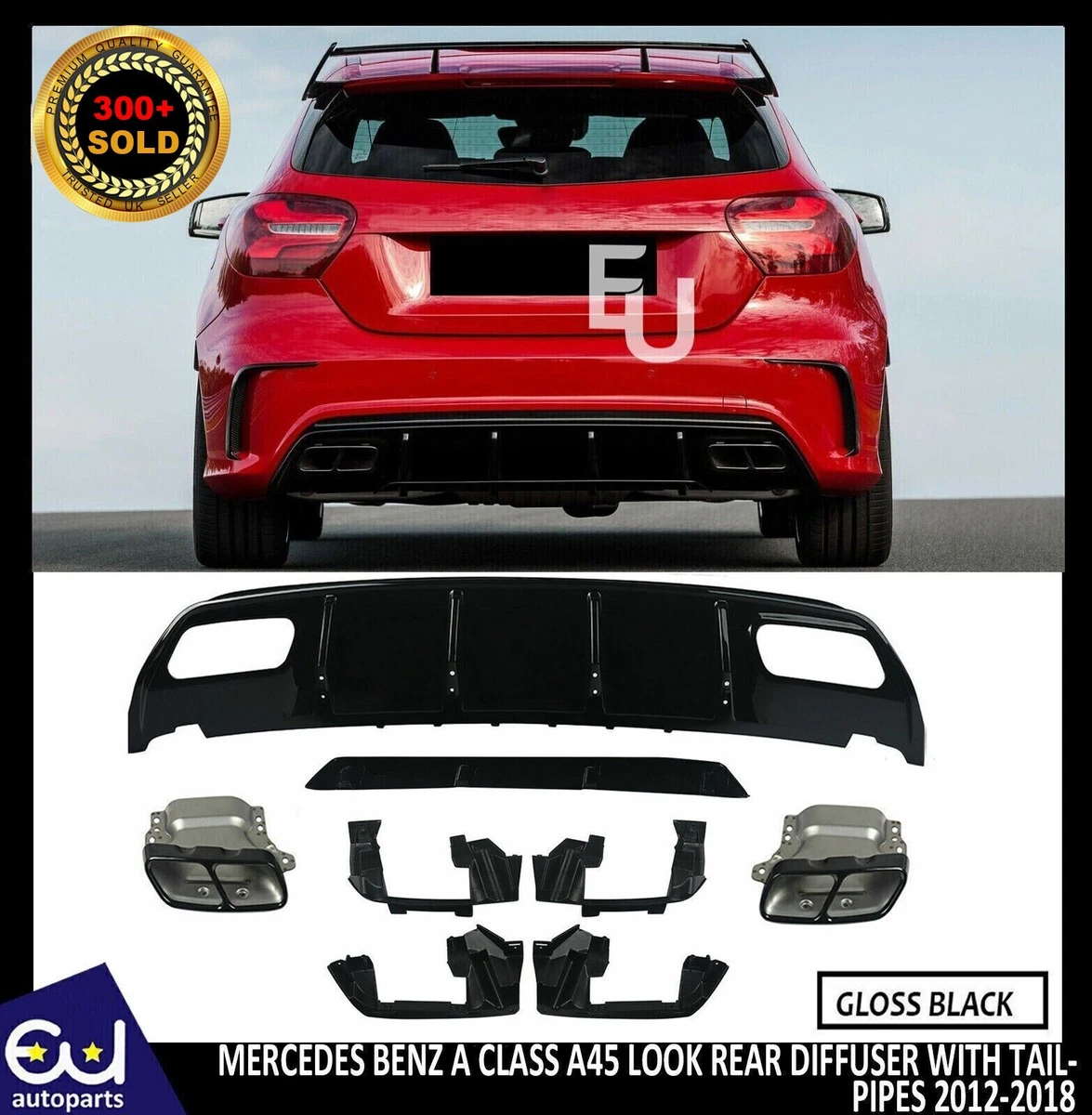 FOR MERCEDES A CLASS W176 AMG A45 LOOK REAR DIFFUSER TAIL PIPE GLOSS BLACK 12 18