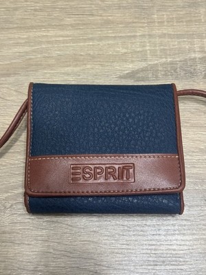 Vintage 90s Y2K ESPIRIT Blue Brown Trifold Wallet With Crossbody Strap Purse