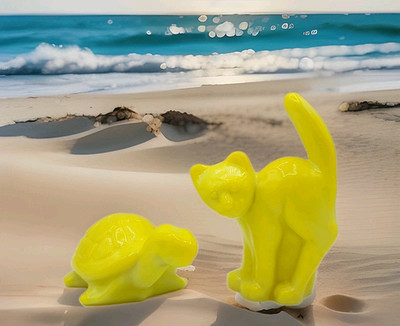 Scaredy Cat & Turtle Mosser for Fenton Mold Art Glass Dandelion Yellow Glows UV