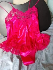 VINTAGE Hot Pink TEDDY LINGERIE NYLON & LACE by ALANA GALE sz Lg