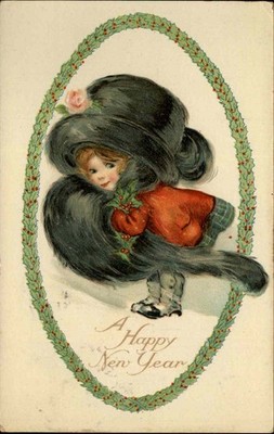 New Years Little Girl Big Hat Muff c1900-20s Vintage Postcard