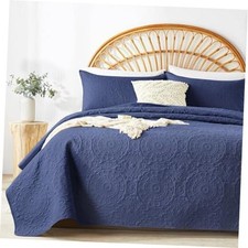 Quilt Set Queen Size, Embossing Microfiber Full Full/Queen 90"x96" Navy Blue