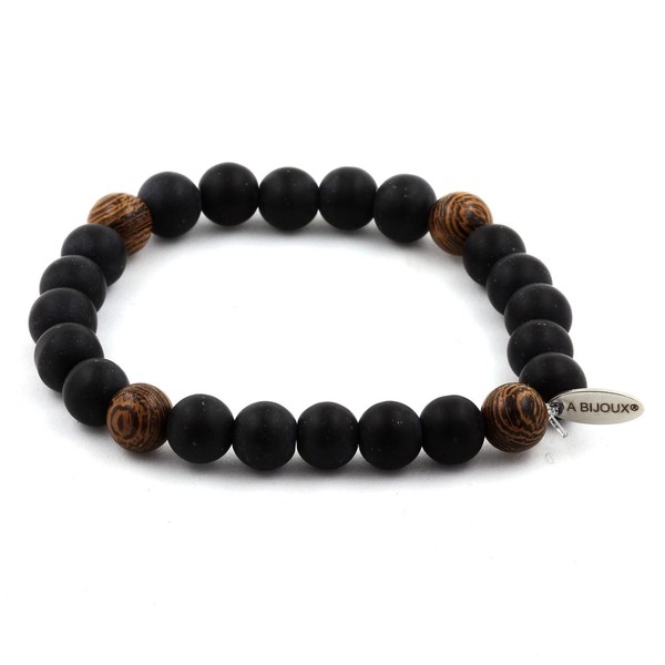 Steine Und MinéRaux. Armband Perlen Schwarz Onyx Matt + Holz 8 Mm. Made IN-image