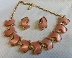 Vtg Necklace & Earrings Set High End Costume Jewelry Pink Jelly Lucite Goldtone