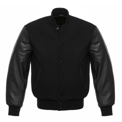 Varsity Letterman Bomber Solid Black wool Genuine Leather Sleeves College Jacket