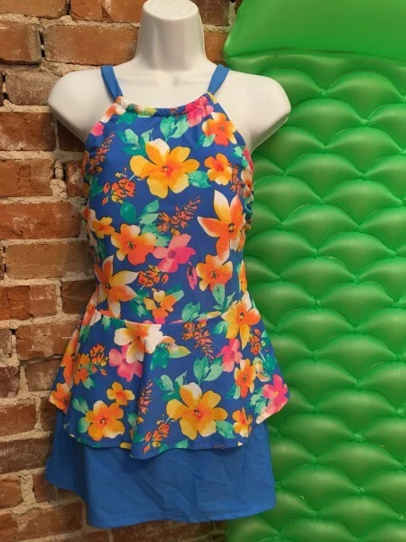 Isaac Mizrahi Cornflower Blue Tropical Floral Tankini Skirt 12 New Swimsuit