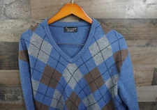 Hawick Knitwear Sweater Men XL Blue Argyle 100% Lambswool V-Neck Pullover Jumper