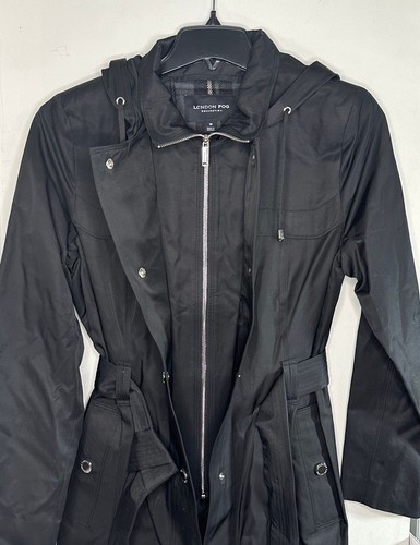 NWT LONDON FOG Womens Coat Black M Midnight Navy Trench Hooded Belted Drawstring - Picture 4 of 11