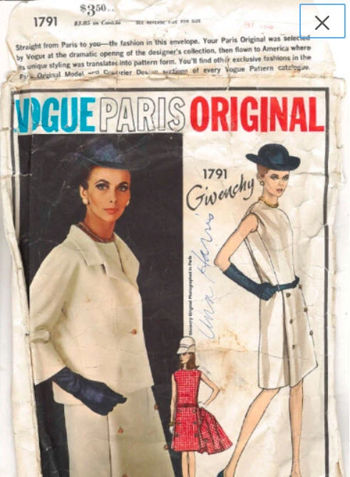 RARO! 1960 #1791 Modello da cucito vintage Vogue Paris stampato design di Givenchy