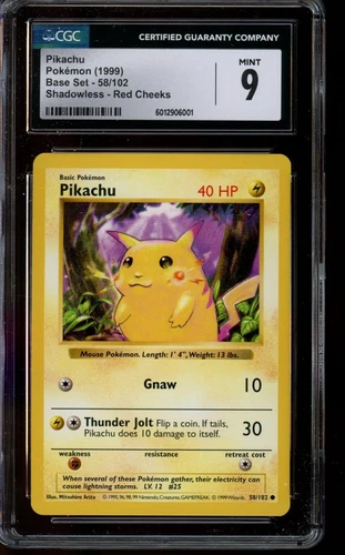 CGC 9 MINT Pokemon Pikachu Base Set Shadowless Red Cheeks 58/102