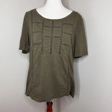 TALBOTS Womens T-Shirt LARGE Olive Green Cotton Window Pane Design Minimalist