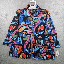 NEW Calessa Shirt Top Women 2X Circle Button Up Colorful Abstract Print Stretch