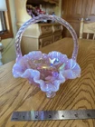 Vintage Fenton pink iridescent opalescent glass basket with a twisted handle