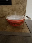 Vintage Pyrex 404 Red Gold Leaf Holly Pine Cone Christmas 4 Qt w/Lid & Cradle