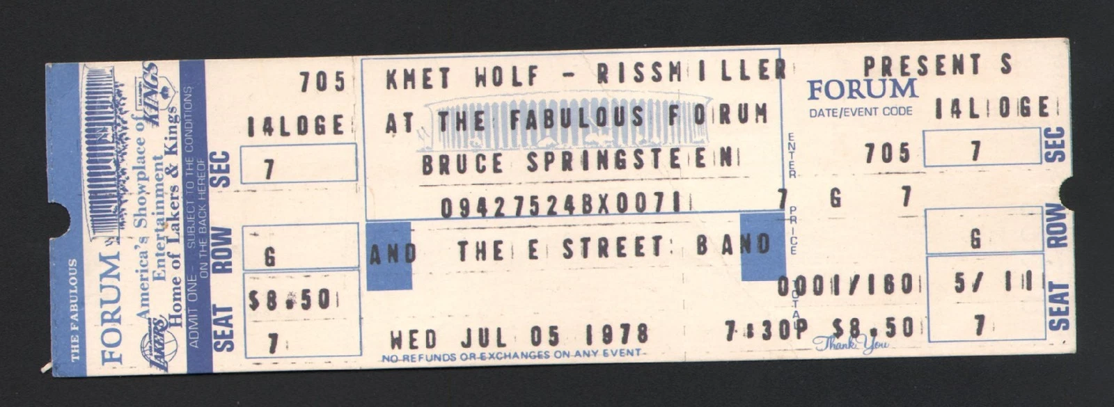 BRUCE SPRINGSTEEN UNUSED FULL CONCERT TICKET NOT STUB JULY 5 1978 LA FORUM