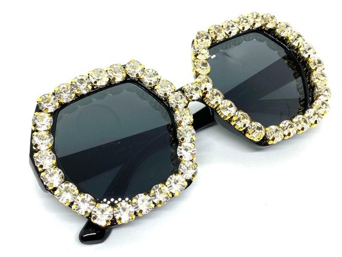Oversized Vintage Retro Style SUN GLASSES Black Hexagon Frame Large Rhinestones - Picture 6 of 7