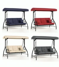 3-Seat Patio Chair Deluxe Porch Swing with Adjustable Canopy Removable Cushion
