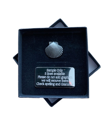 Personalisierte Geschenkbox & handgefertigte Muschel Muschel Zinn Pin Anstecker GRATIS GRAVUR