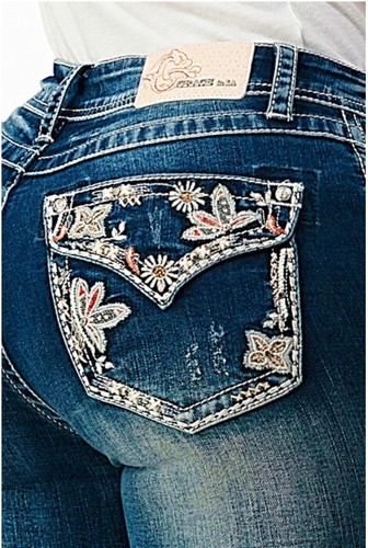 Grace in LA Women's Faux Flap Pocket Floral Embroidered Distressed Bootcut Jeans
