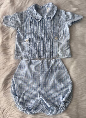 VTG Mothercare Blue & White Checked 2-Piece Baby Outfit Size 24 Mos Scottie Dogs
