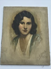 ANTIQUE MEXICAN PAINTING PORTRAIT 1930'S PRETTY WOMAN FEMALE MODEL signed oil
