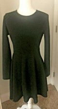 SHEIN Sz M Black Textured KNIT DRESS Fit Flare L/S Round Nek SKATER Zip LBD