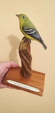 Yellow Breasted Flycatcher, Painted Wood Carving, Fine Wood Base,  On Real Vine.
