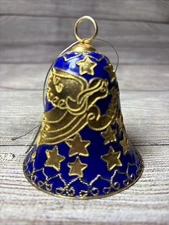 Cloisonné Blue Gold Bell Christmas Ornament Stars Angel 3.5x3”